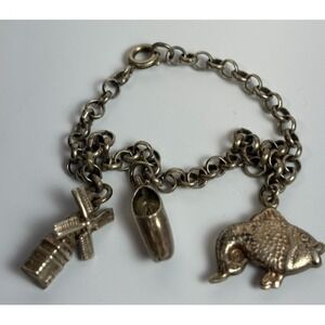 Charm‎ Bracelet Vintage Intricate Pewter Charms Fish Windmill Clog Collectable